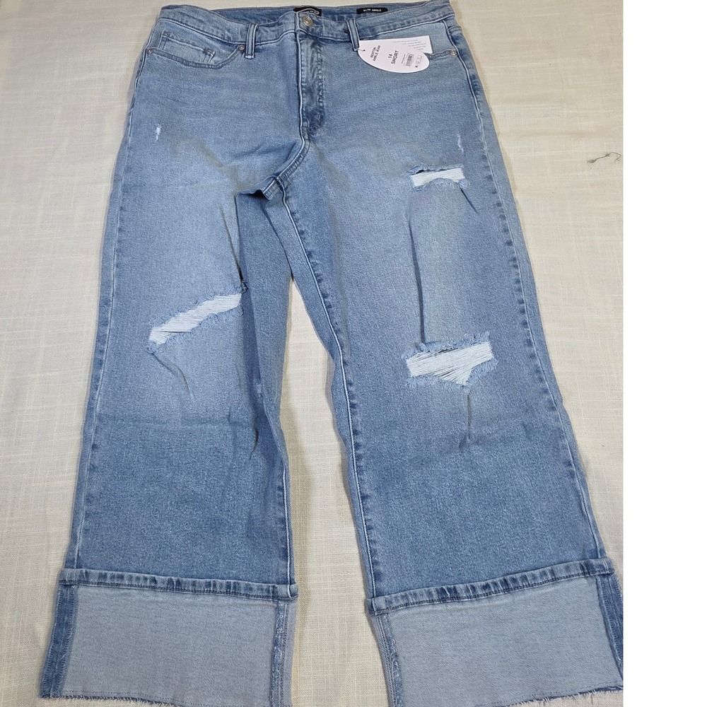 Scoop Benton Ankle Jeans Womens 14 Short Blue Distressed Slim Ankle Wide Leg NEW